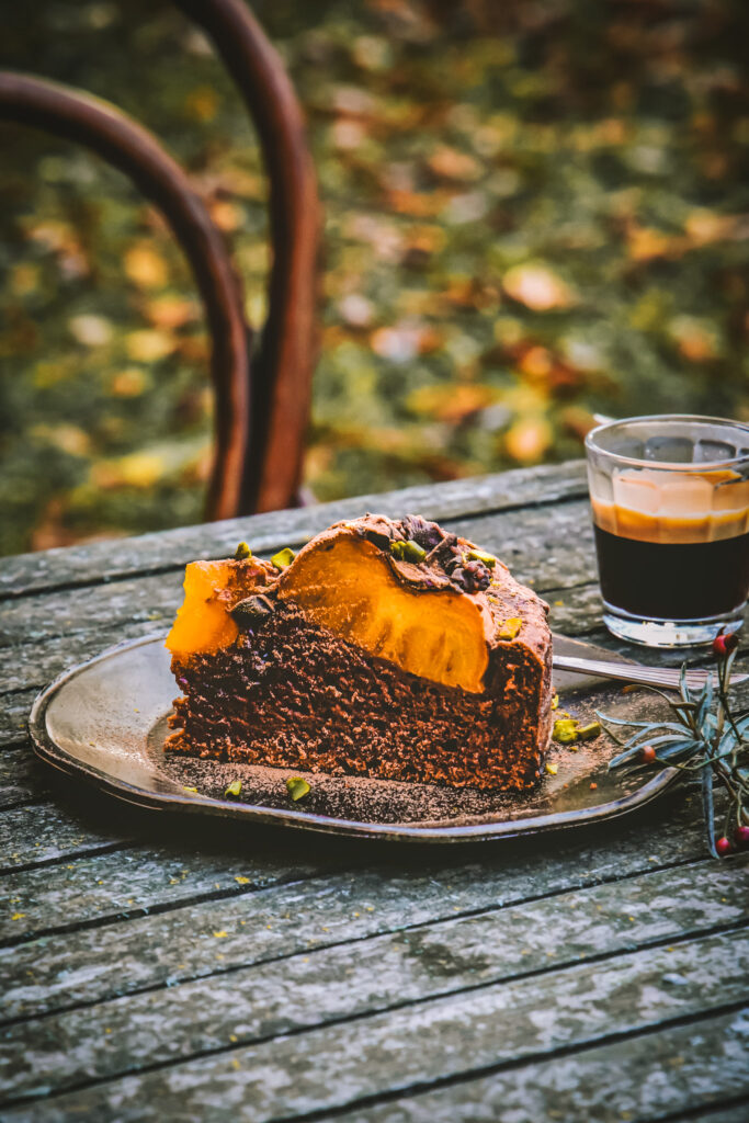 Persimmon cake slice with espresso