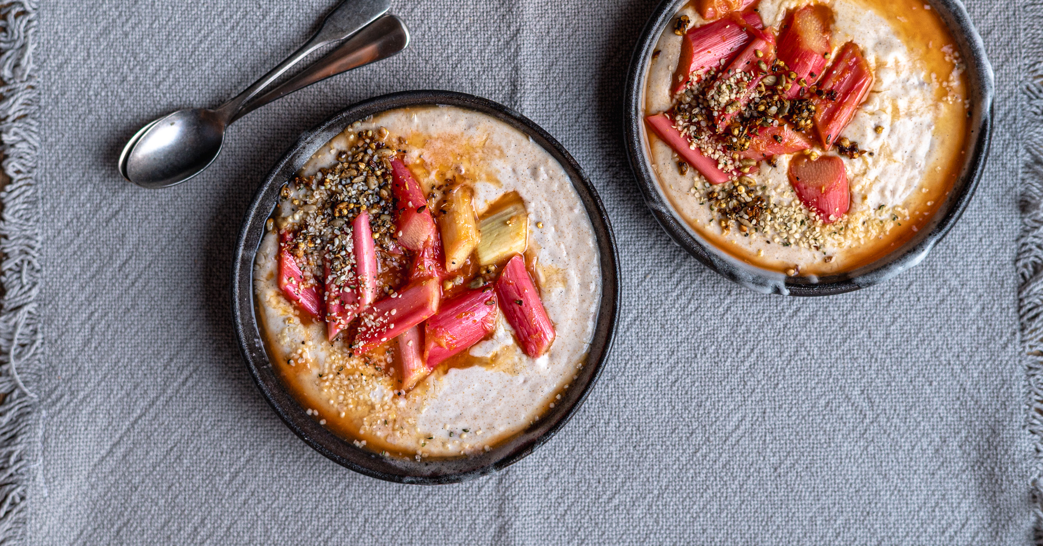 Creamy semolina pudding with plantbased milk and homemade rhubarb compote with ginger and orange juice
