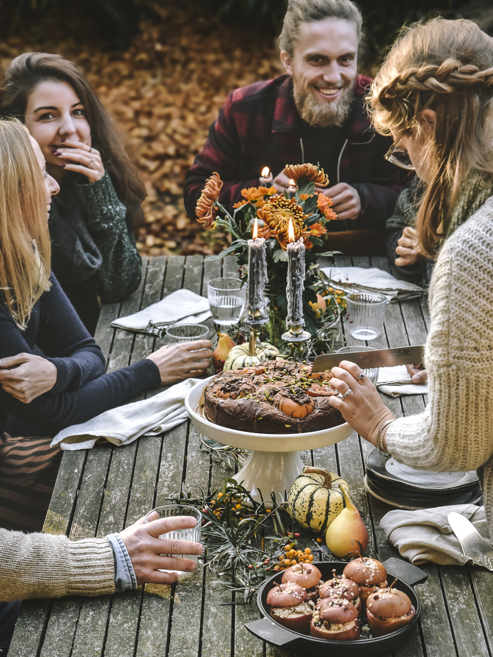 Friendsgiving table scene with cake