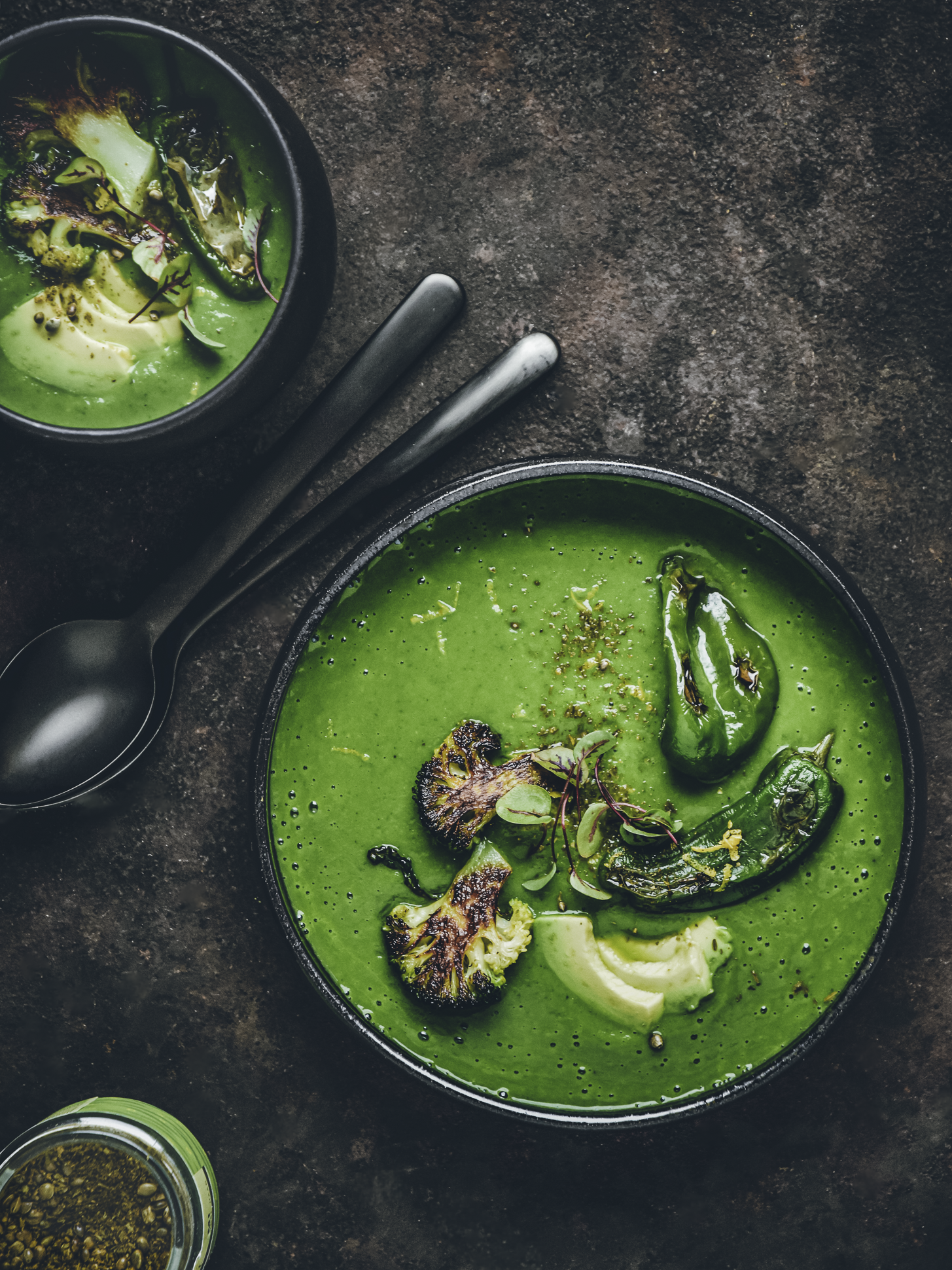 Broccoli Spinach soup with peppers de padron and avocado
